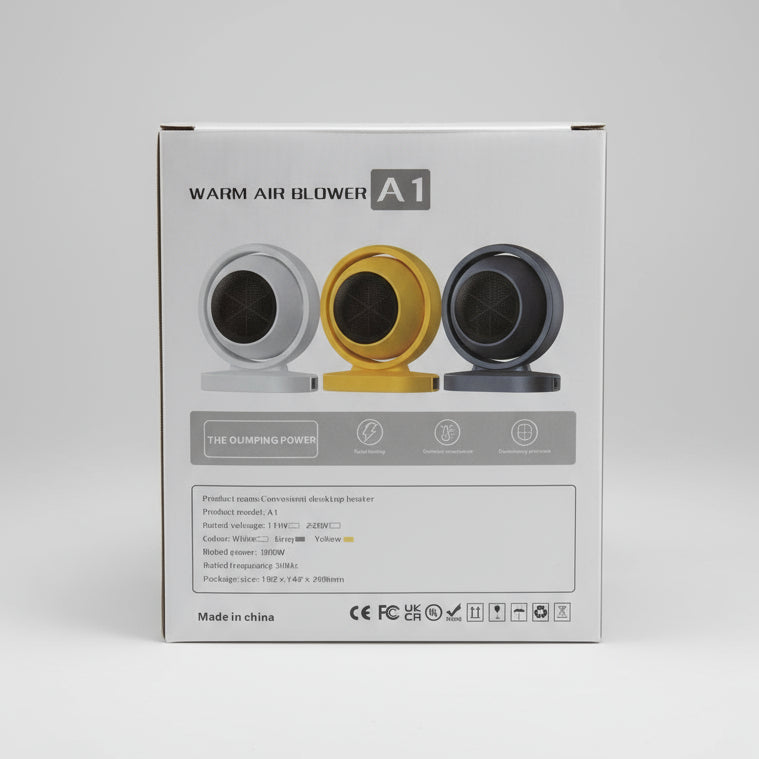 Box of a warm air blower with branding and product details on a blurred store shelf background