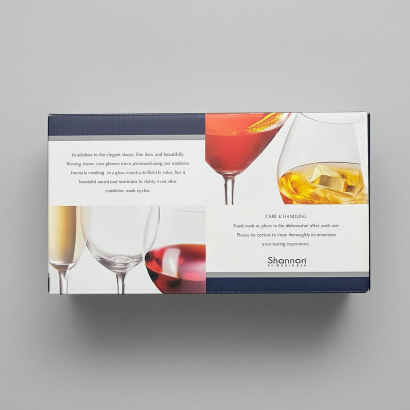 Box of wine glasses with images on a dark surface
