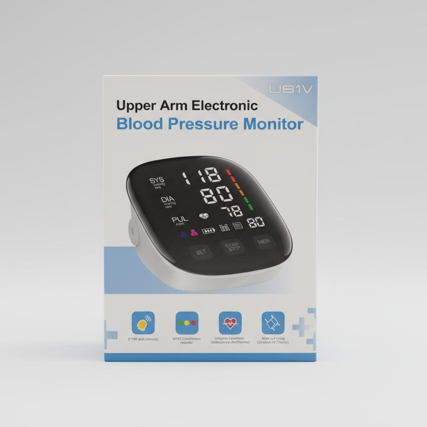 Box of an upper arm electronic blood pressure monitor on a textured surface