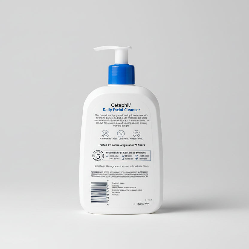 Cetaphil facial cleanser bottle on a wooden surface