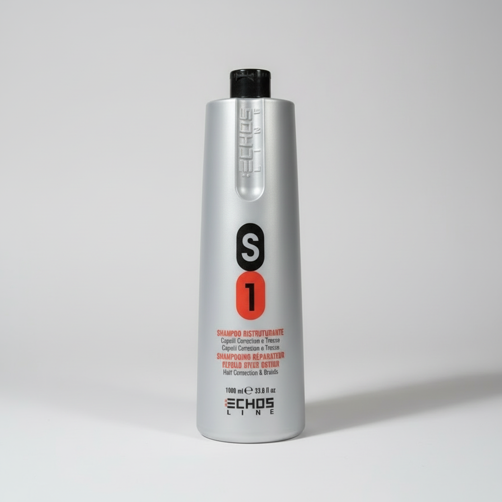 Shampoo bottle with 'Echos Line' branding on a gray background