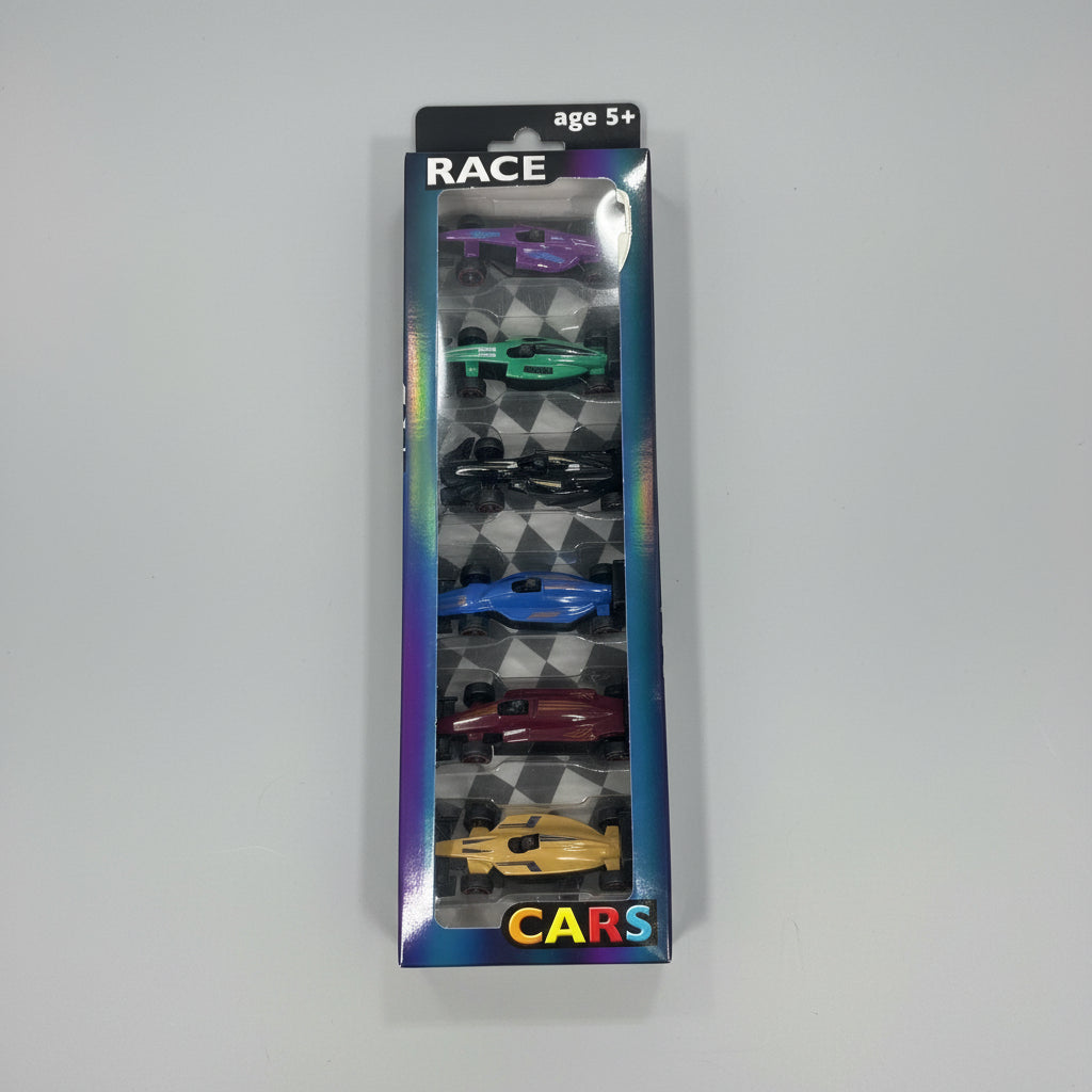 Cardboard package with toy car set packaging on a white background