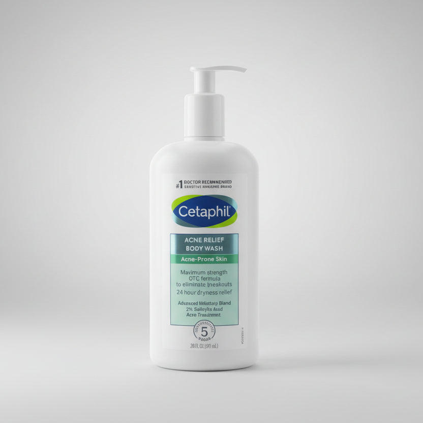 Cetaphil bottle on a wooden surface with cardboard box in the background