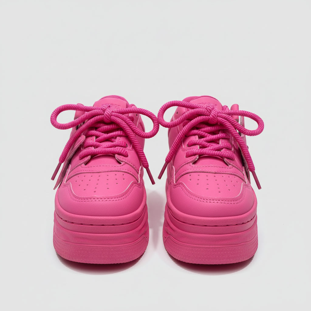 Pink sneakers with thick sole on a beige surface