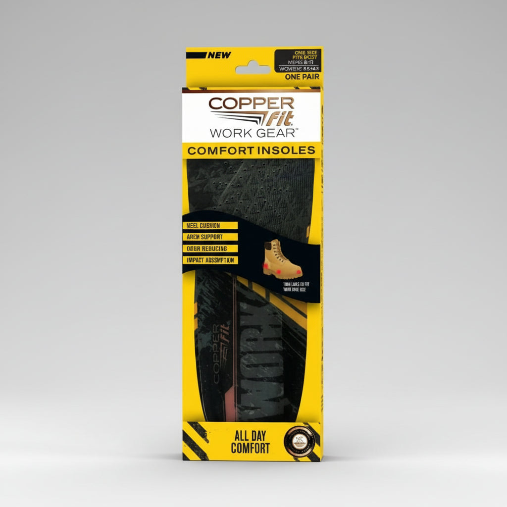 Copper Fit Work Gear comfort insoles packaging on a white background