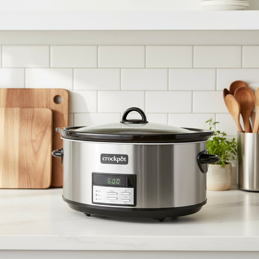 Crock-Pot Large 8-Quart Programmable Slow Cooker with Auto Warm Setting Black Stainless Steel