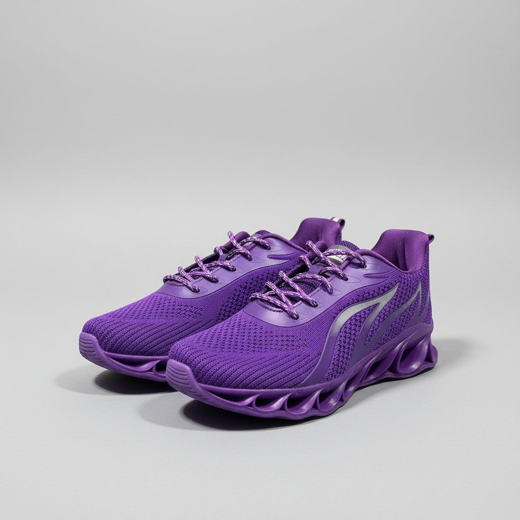 Purple sneaker on a gray surface