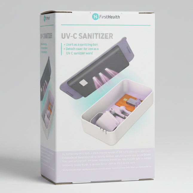 First Health 2-in-1 UV-C Sanitizer & Wireless Charger - Disinfects Devices, Supports 10W Fast Charging, Removable Cover, 7" Phone Compatibility