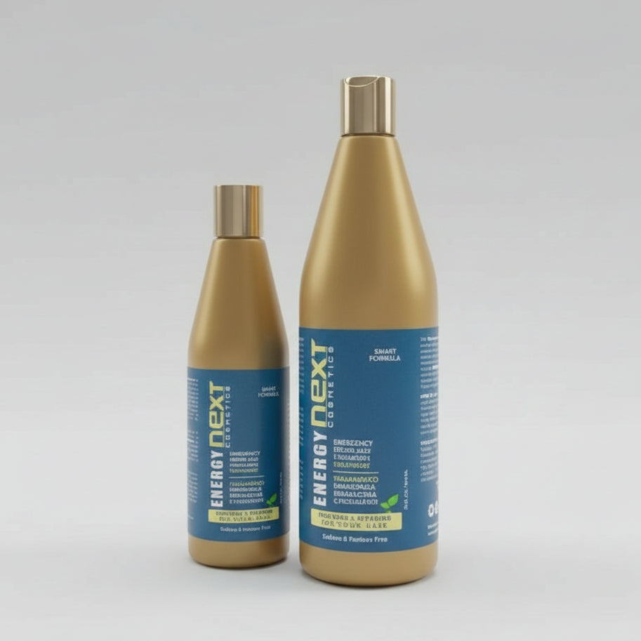 Three bottles of 'Energy Next' on a shelf with blue labels and gold bodies.