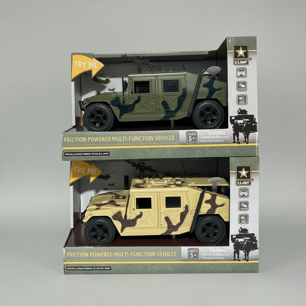 Toy military vehicles in packaging on a table