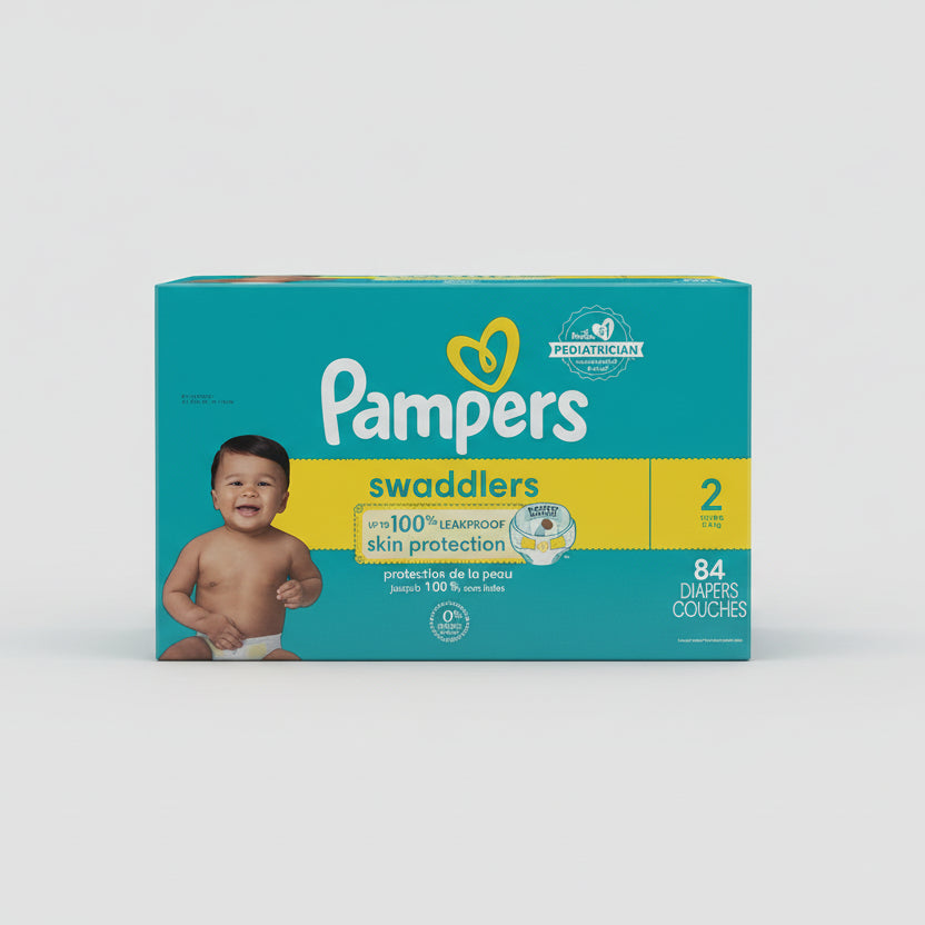 Pampers swaddlers packaging on a store shelf