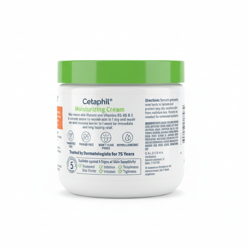 Cetaphil jar with green lid on a cardboard surface