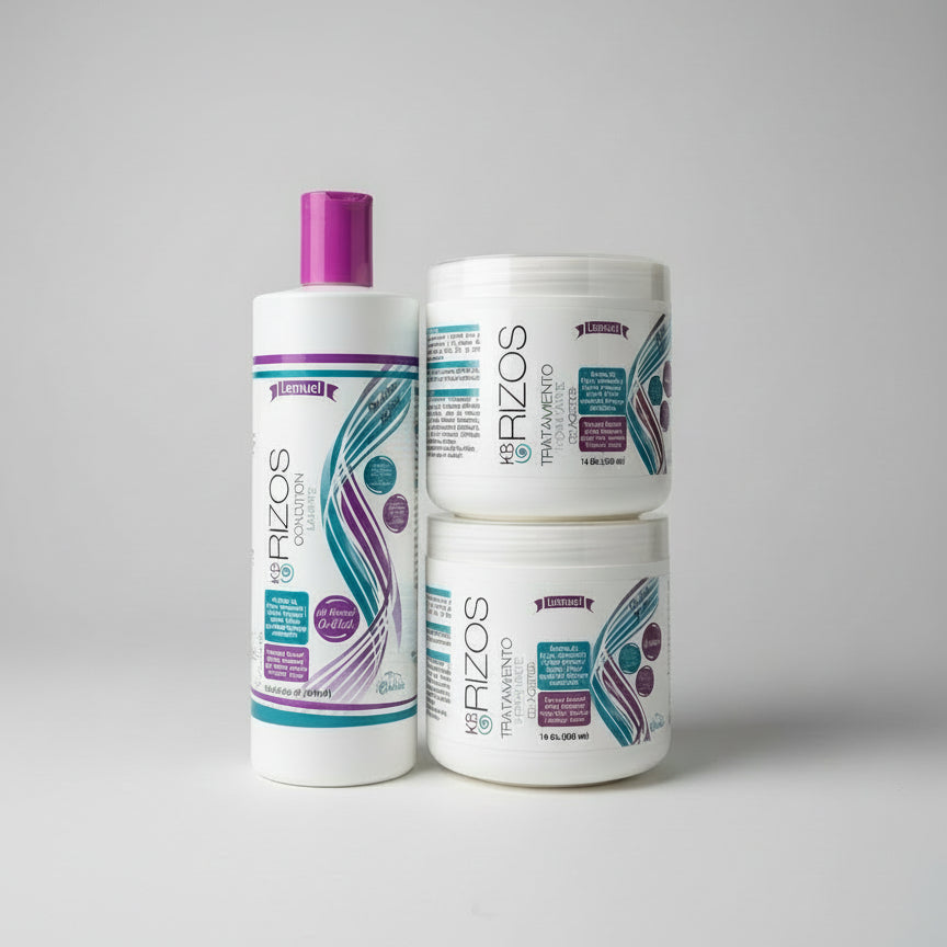 Three bottles of Rizos hair product stacked on a shelf in a store setting.