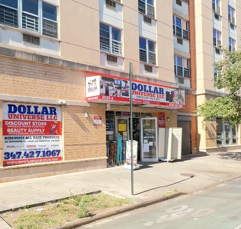 Dollar Universe LLC store front on a city street with large signs.