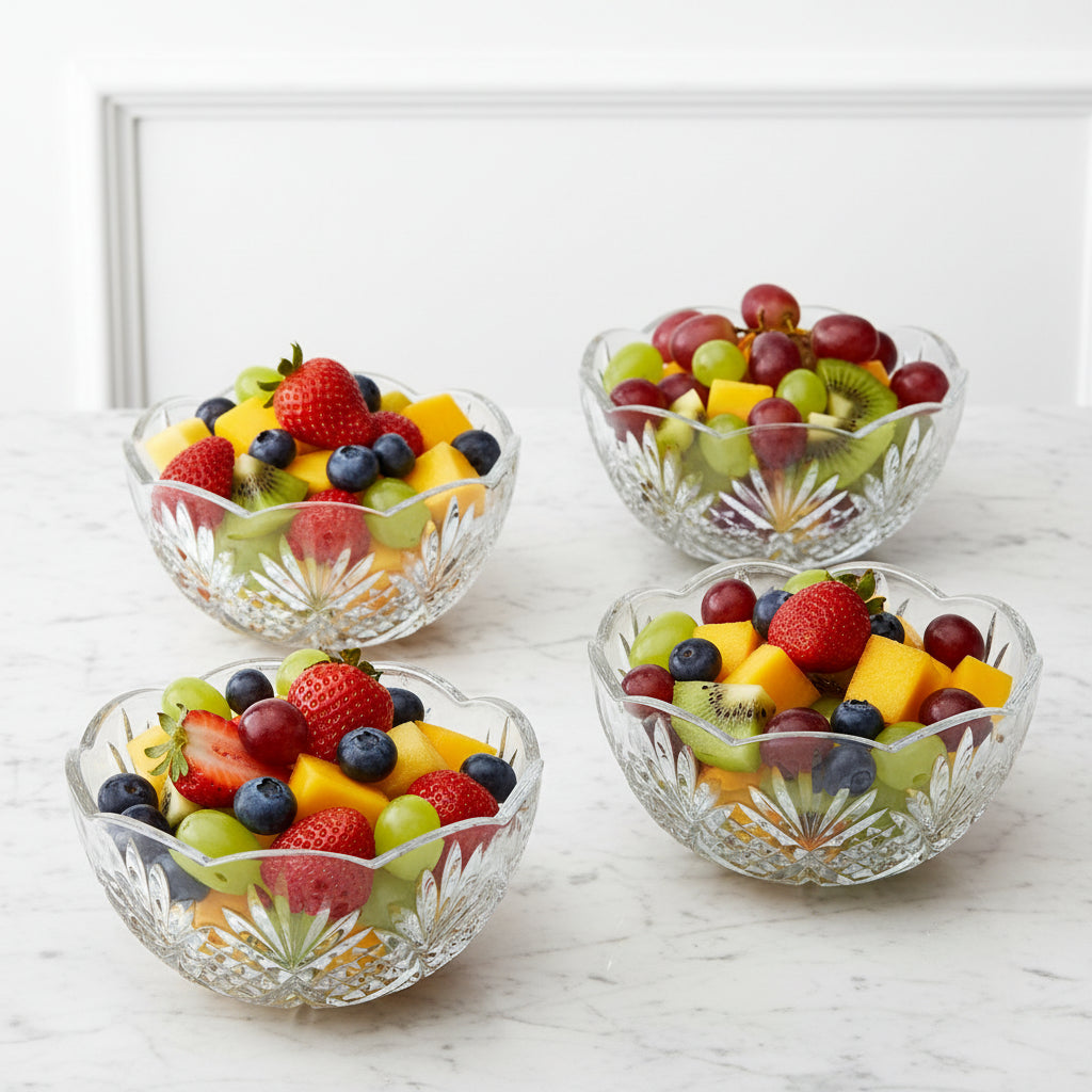 Four clear glass bowls with intricate patterns on a wooden surface.