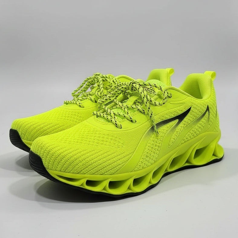 Bright yellow running shoe on a dark surface