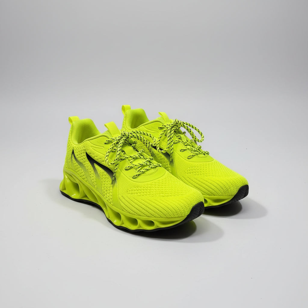 Bright yellow running shoes on a dark surface