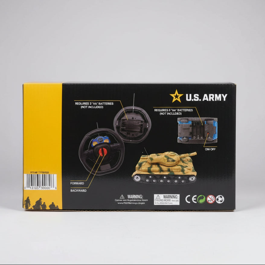 Toy tank packaging with U.S. Army branding in a store setting