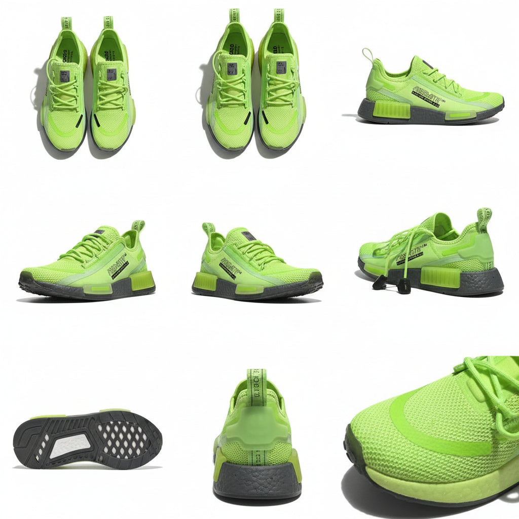 Bright green sneakers on a cardboard surface with a blurred background