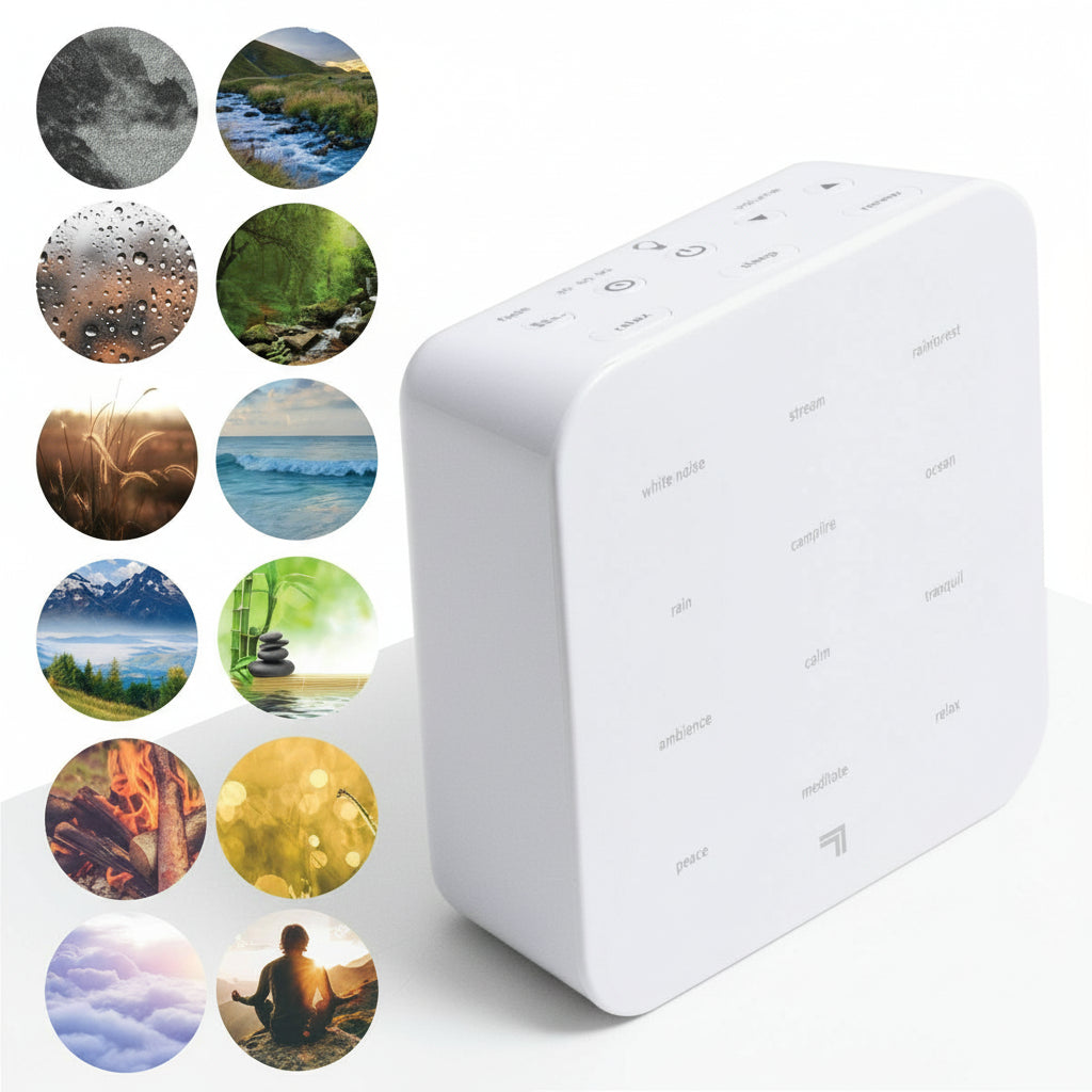 White electronic device with nature-themed images displayed on a white background