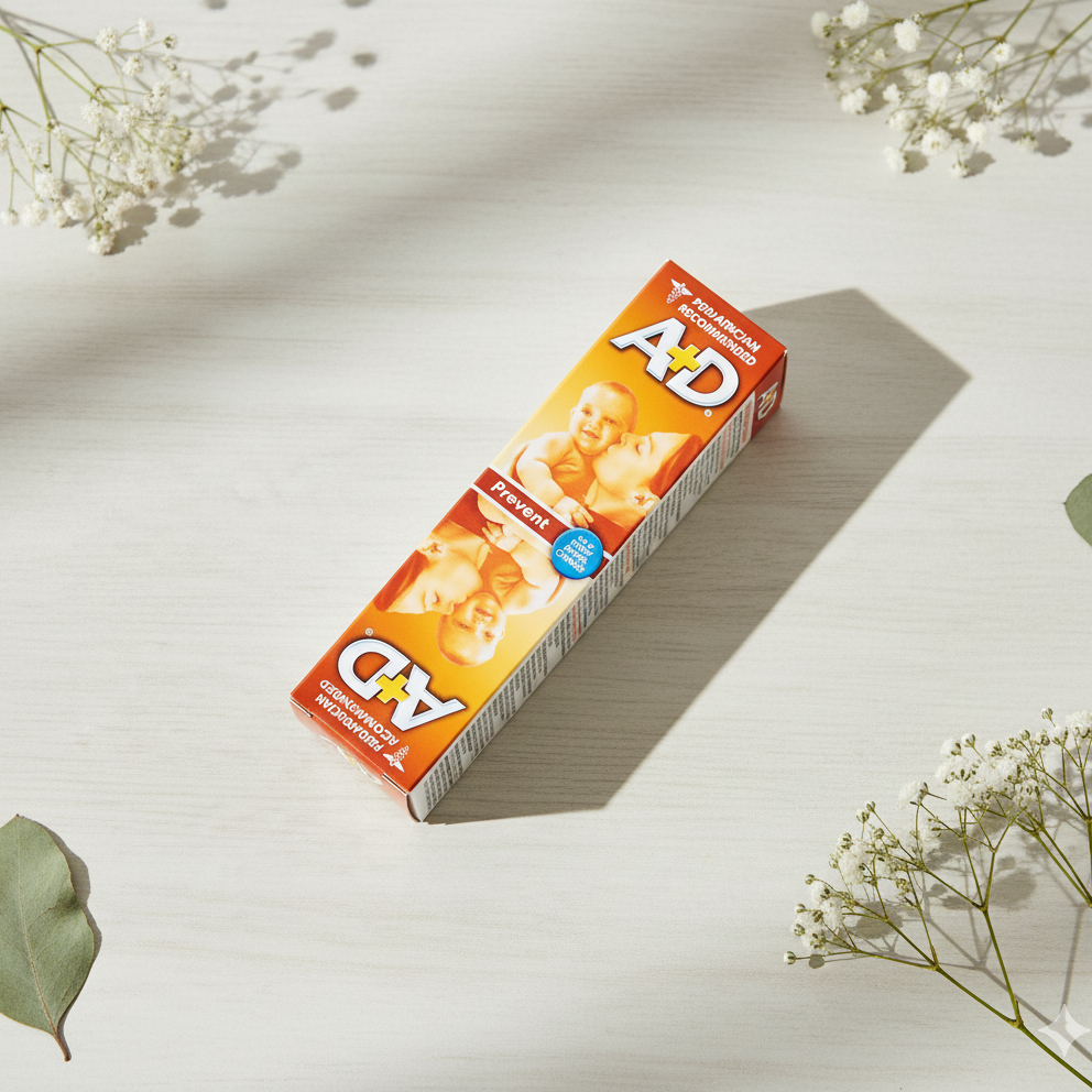 A&D diaper rash cream packaging on a light surface with flowers around