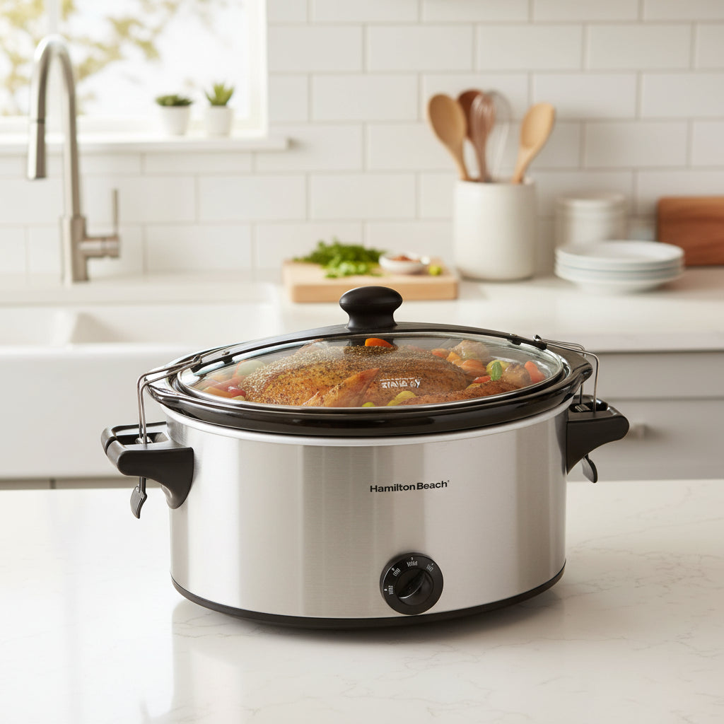 Hamilton Beach Stay or Go Slow Cooker Oval 4 lb / 6 lb / 6 qt – Glass Lid, Stainless Steel, Stoneware