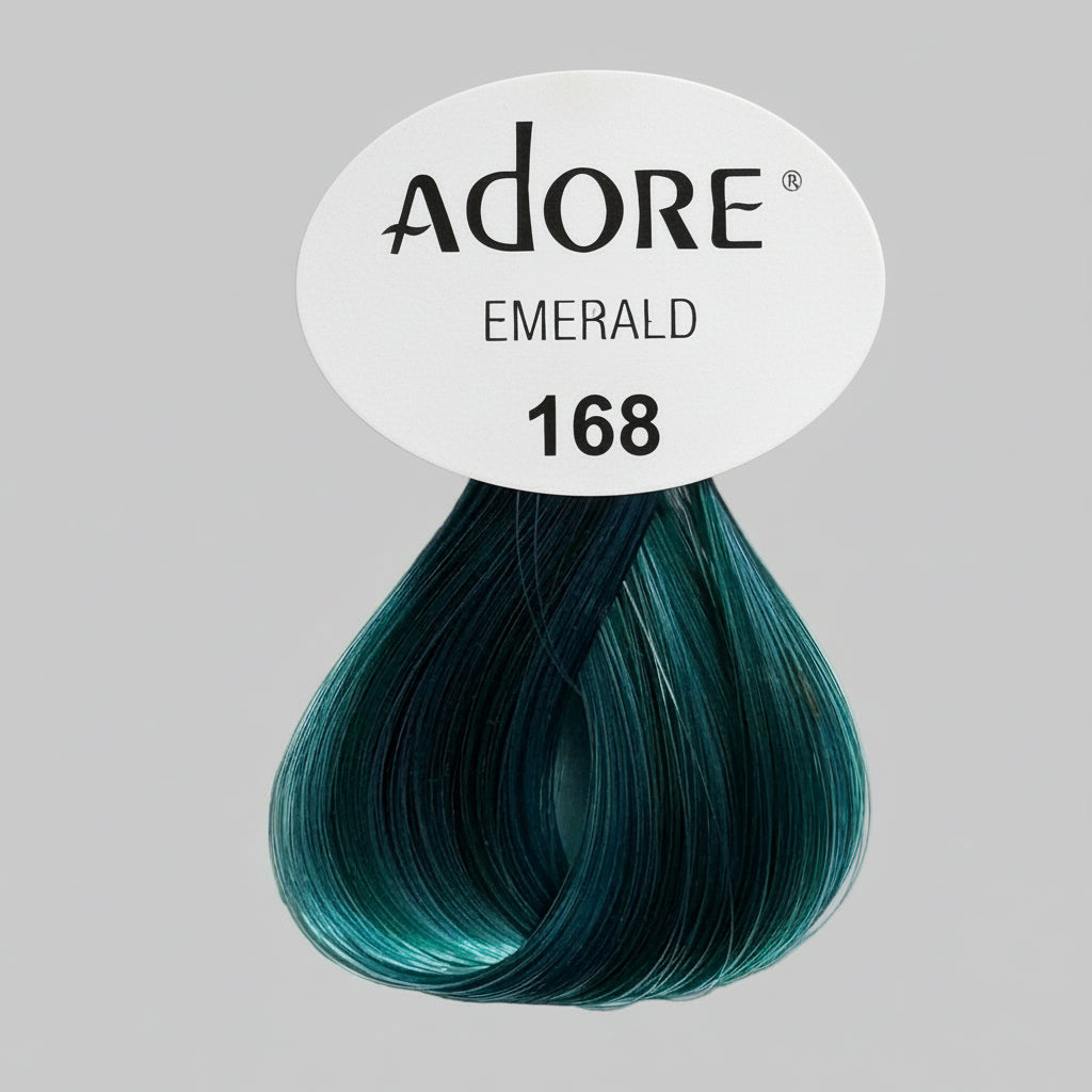 Adore Emerald hair color swatch on a display with other hair color products.