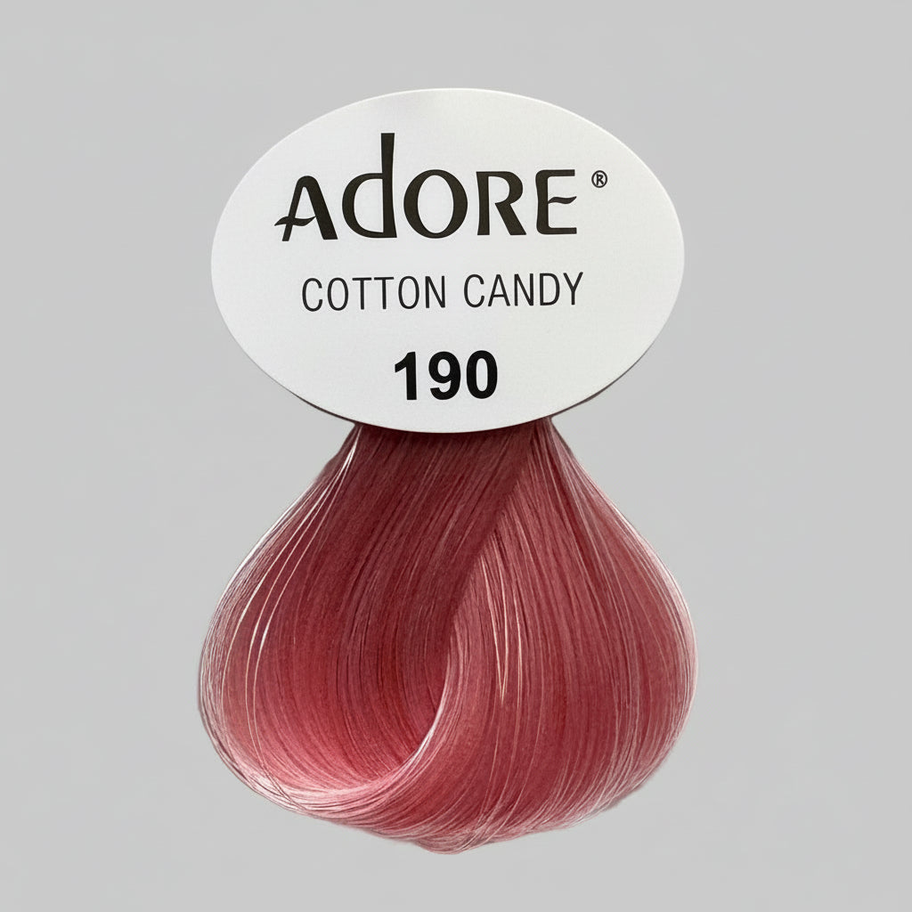 Adore cotton candy hair color packaging on a store shelf with Fudge product in the background.