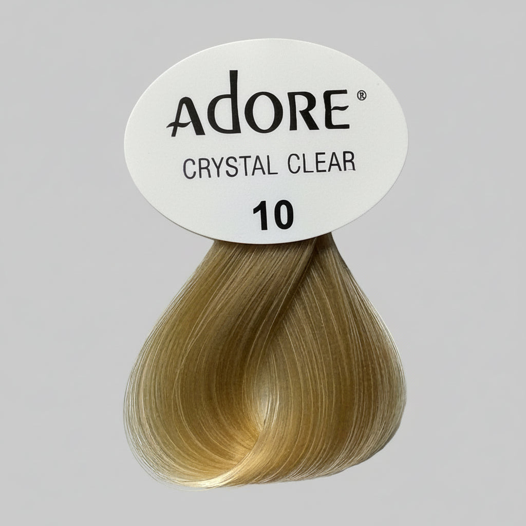 Adore hair color packaging with blonde hair sample on a shelf.