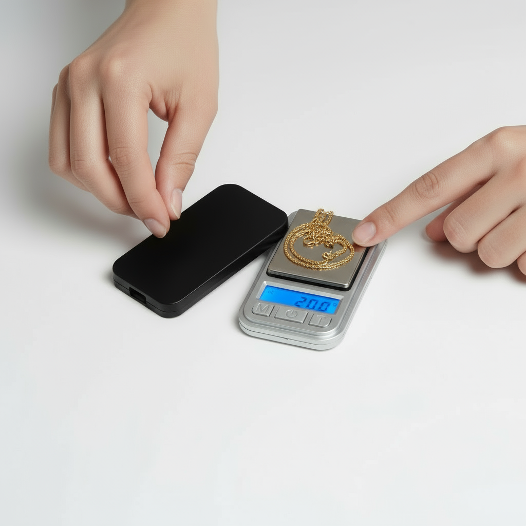 Digital scale with a small amount of green substance on a white background