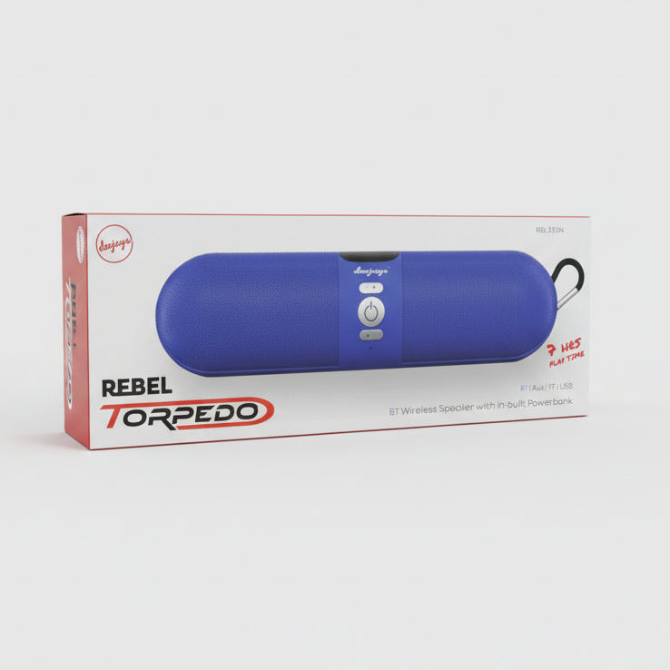Blue Rebel Torpedo speaker in packaging on a white background