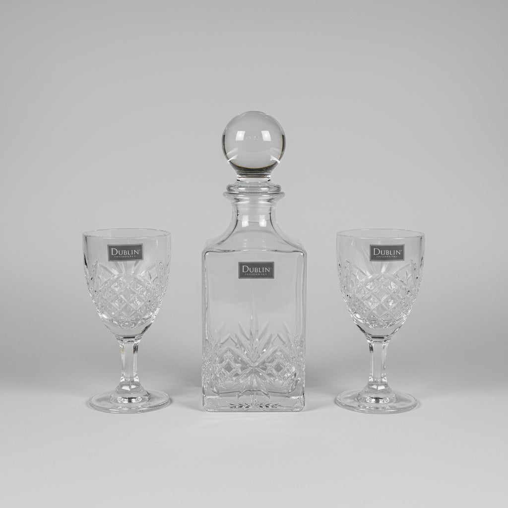 Dublin Crystal Decanter and Goblet Set – Elegant 3-Piece Glassware Collection