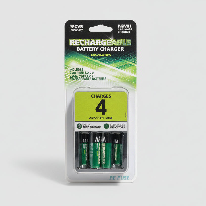 CVS Pharmacy Rechargeable Battery Charger Kit – AA & AAA NiMH (Includes 4 Batteries)