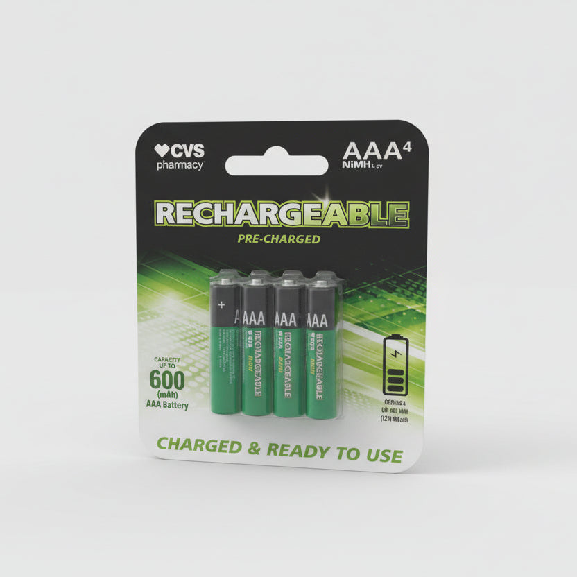 CVS Pharmacy Rechargeable AAA Batteries – 600mAh NiMH (4 Pack, Pre-Charged)