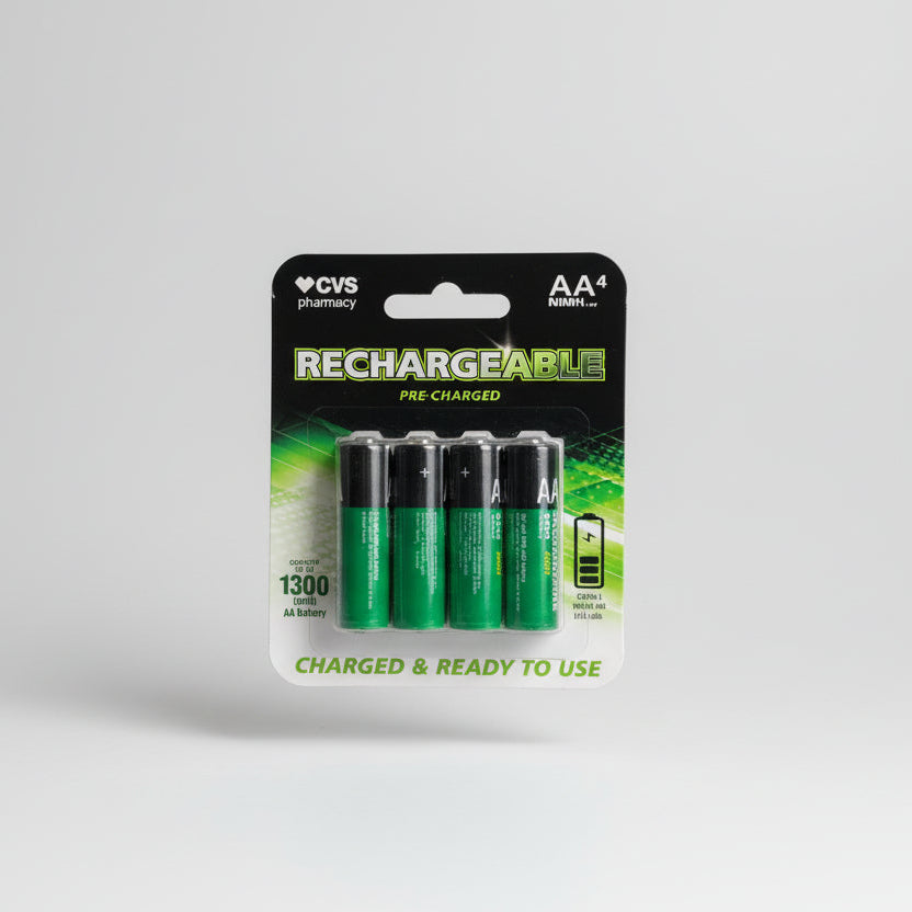 CVS Pharmacy Rechargeable AA Batteries – 1300mAh NiMH (4 Pack, Pre-Charged)
