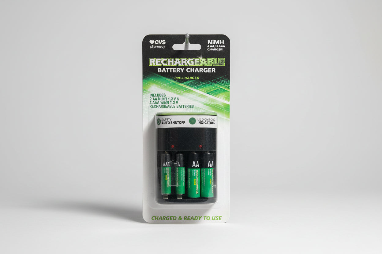 CVS Pharmacy Rechargeable Battery Charger Kit – NiMH 4 AA / 4 AAA Compatible (Includes Batteries)