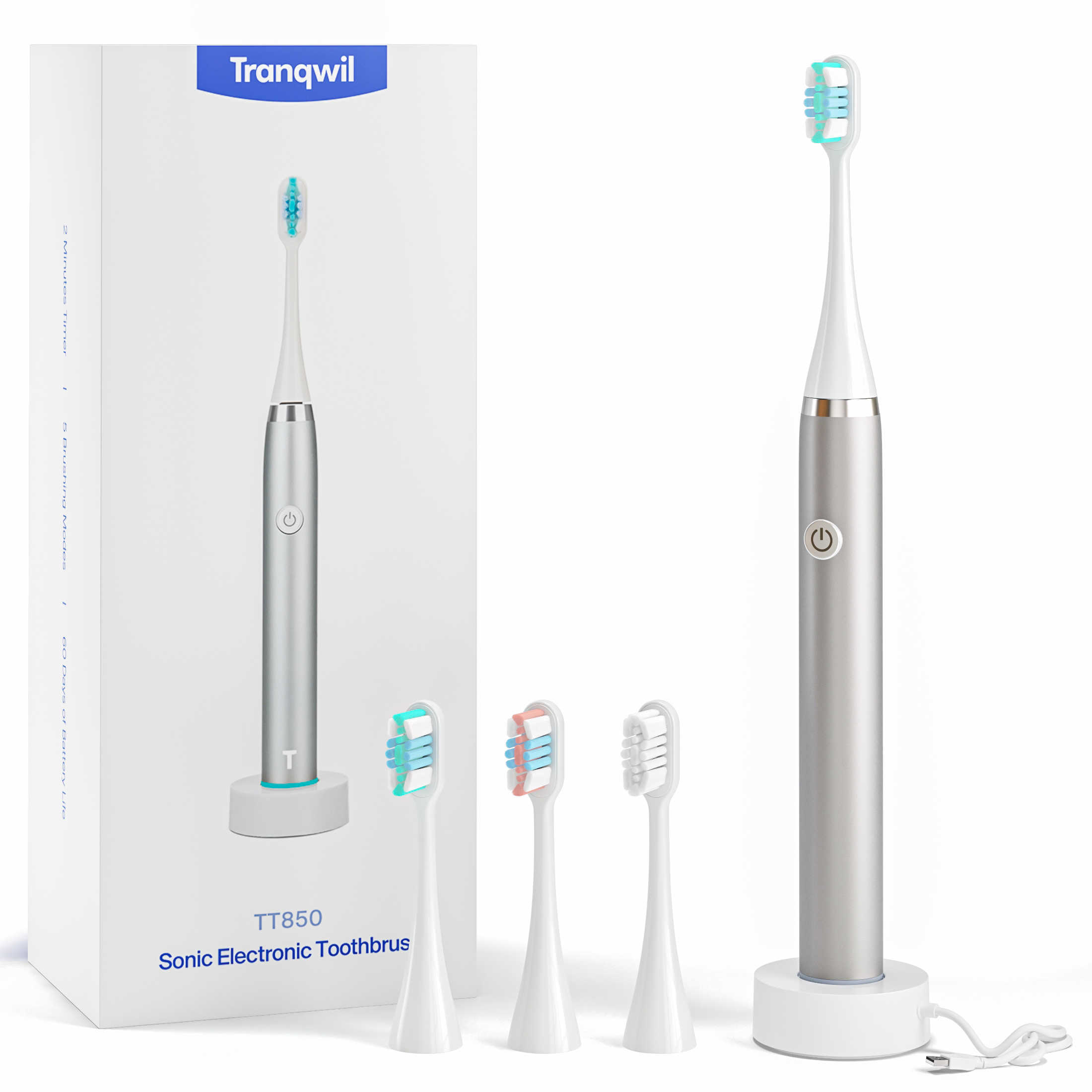 Tranqwil TT850 Slimsonic Electric Toothbrush 42,000 VPM Silver Metal - DOLLARS UNIVERSE LLC