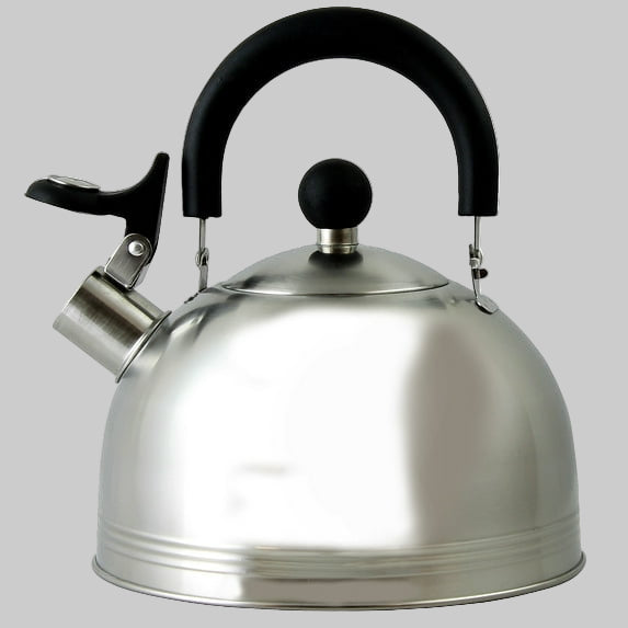Stainless steel kettle with black handle and whistle on a white background