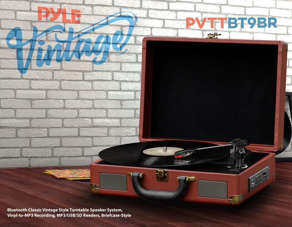 Red vintage-style Bluetooth turntable with Pyle branding against a brick wall background.
