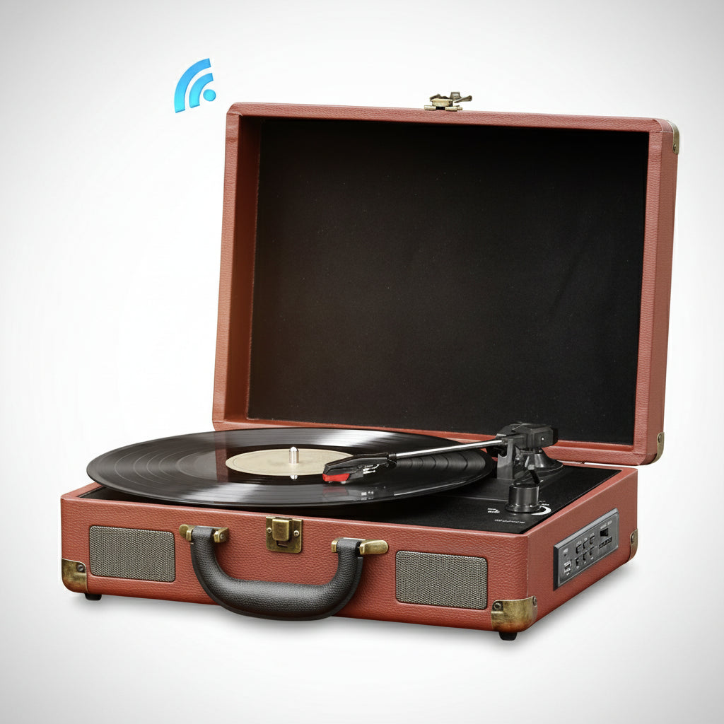 Vintage-style red suitcase-shaped record player with a black interior on a white background