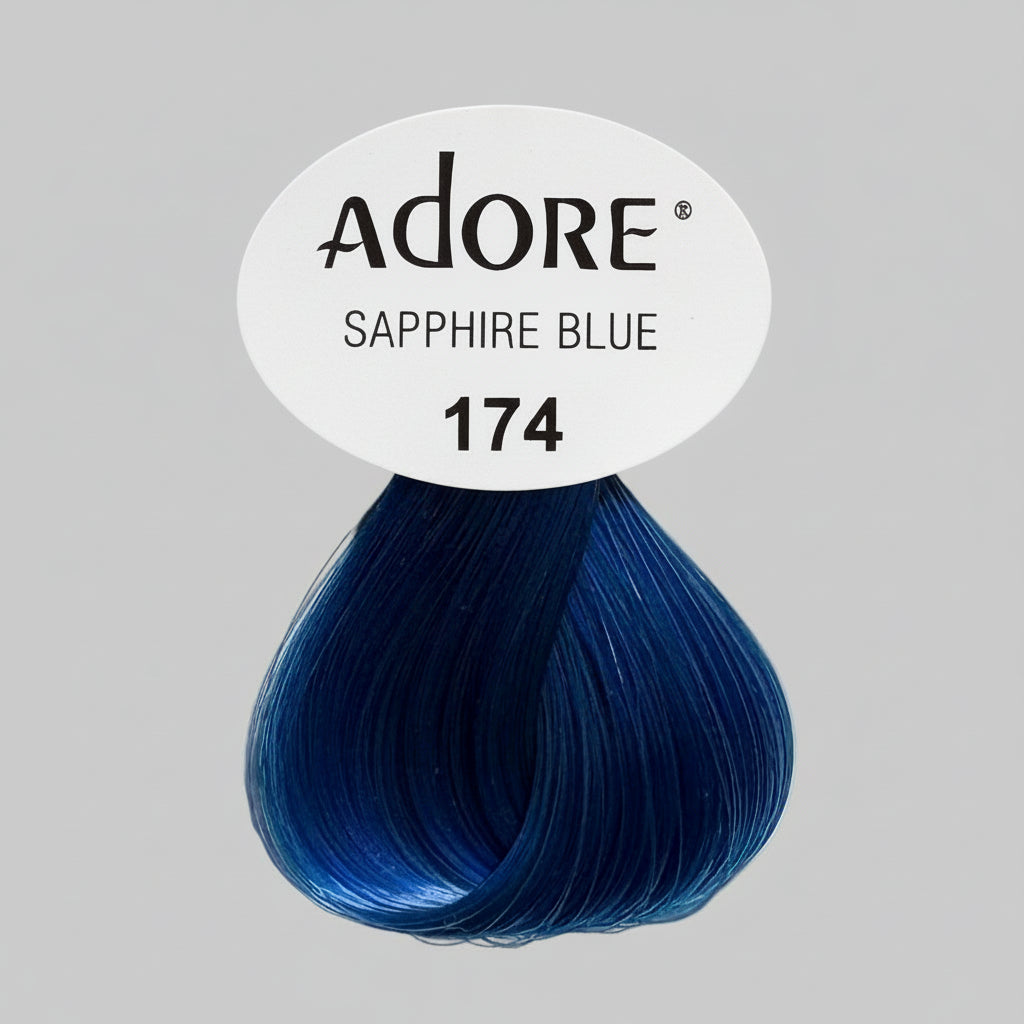 Adore Sapphire Blue hair color packaging on a shelf with other hair color products.