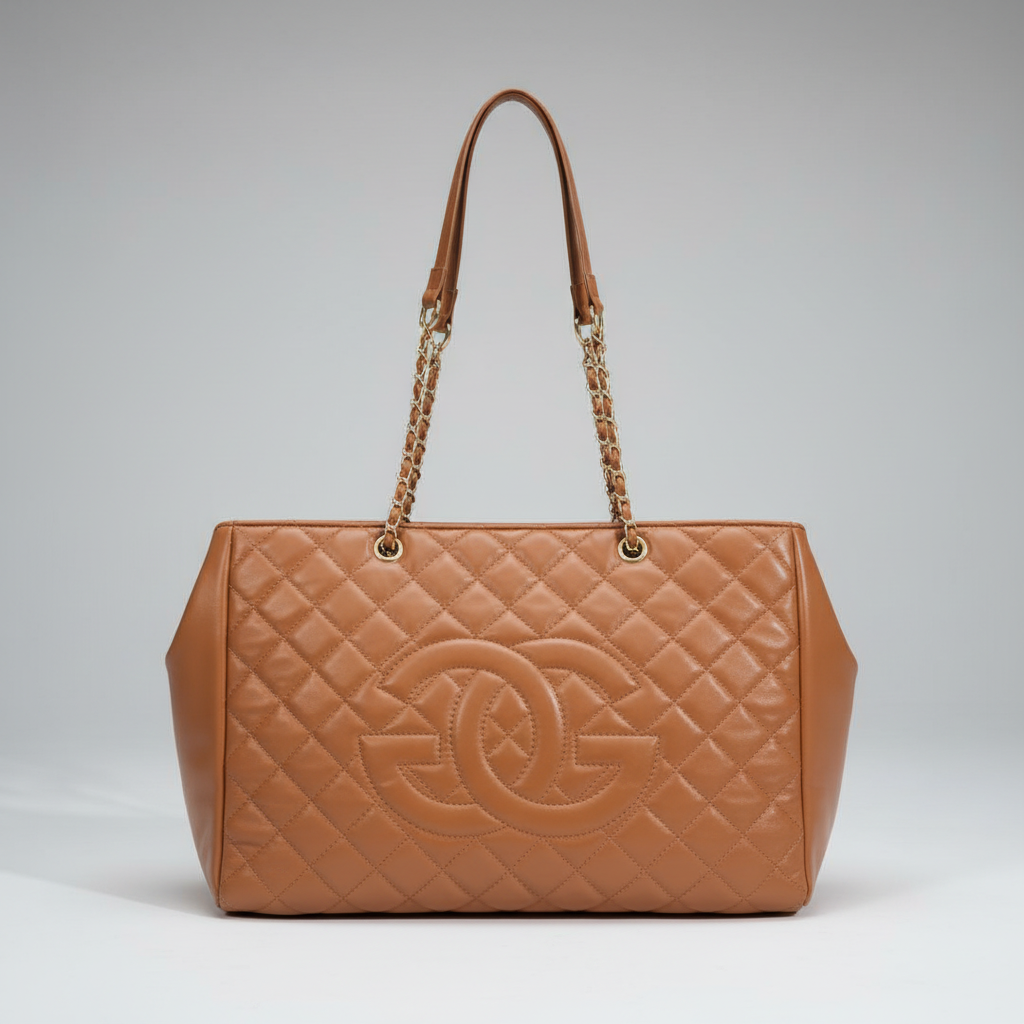 Quilted brown handbag with gold chain detail on a wooden surface