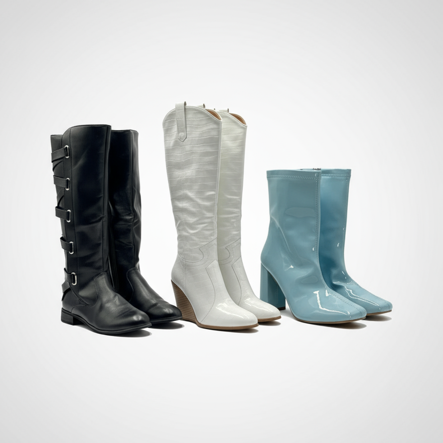 Three pairs of boots in black, white, and blue on a white background