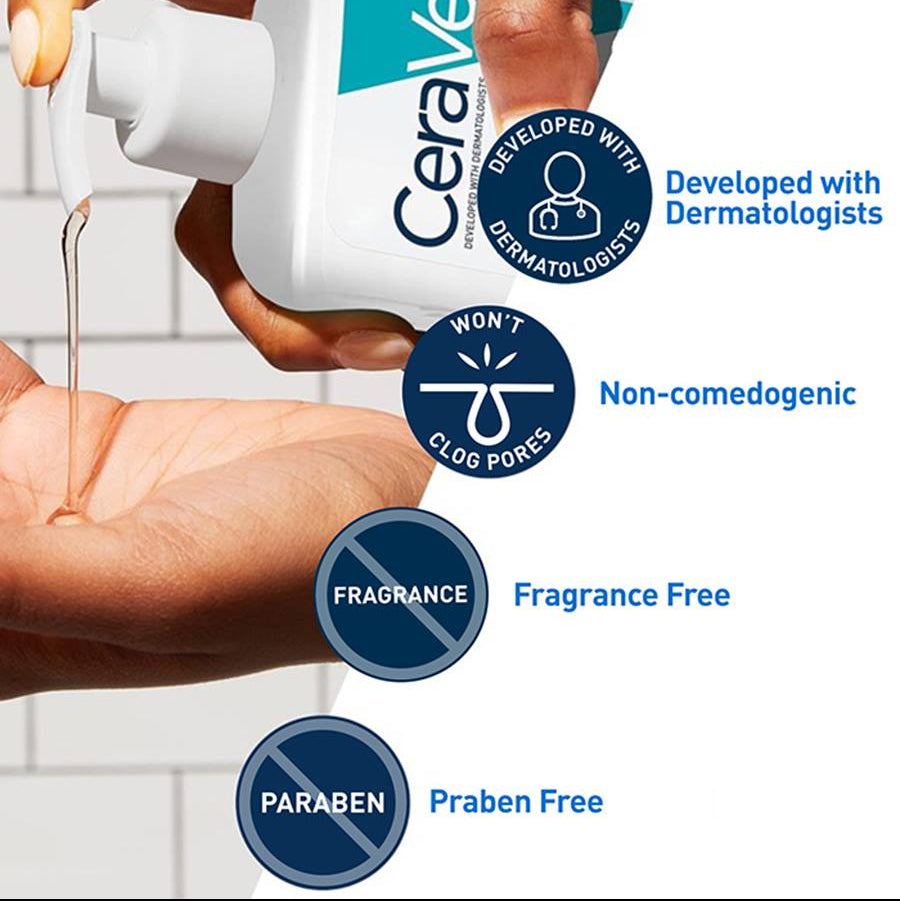 CeraVe skincare product being applied to skin with brand features highlighted.