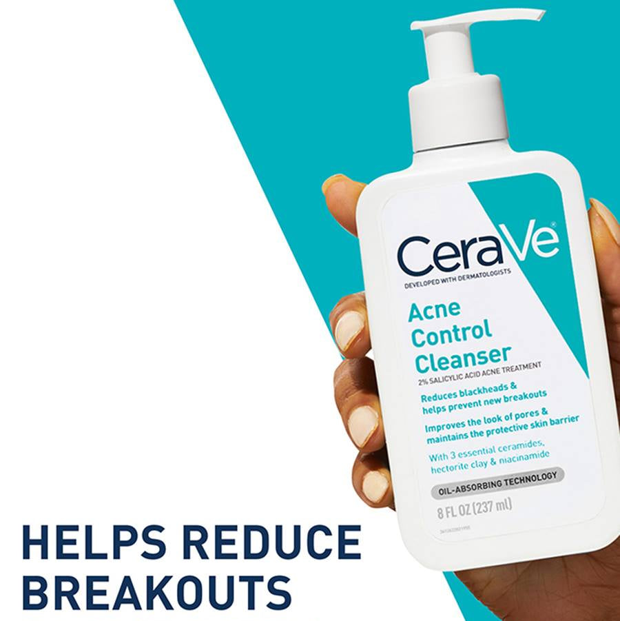 CeraVe Acne Control Cleanser bottle held in a hand with promotional text on a blue and white background