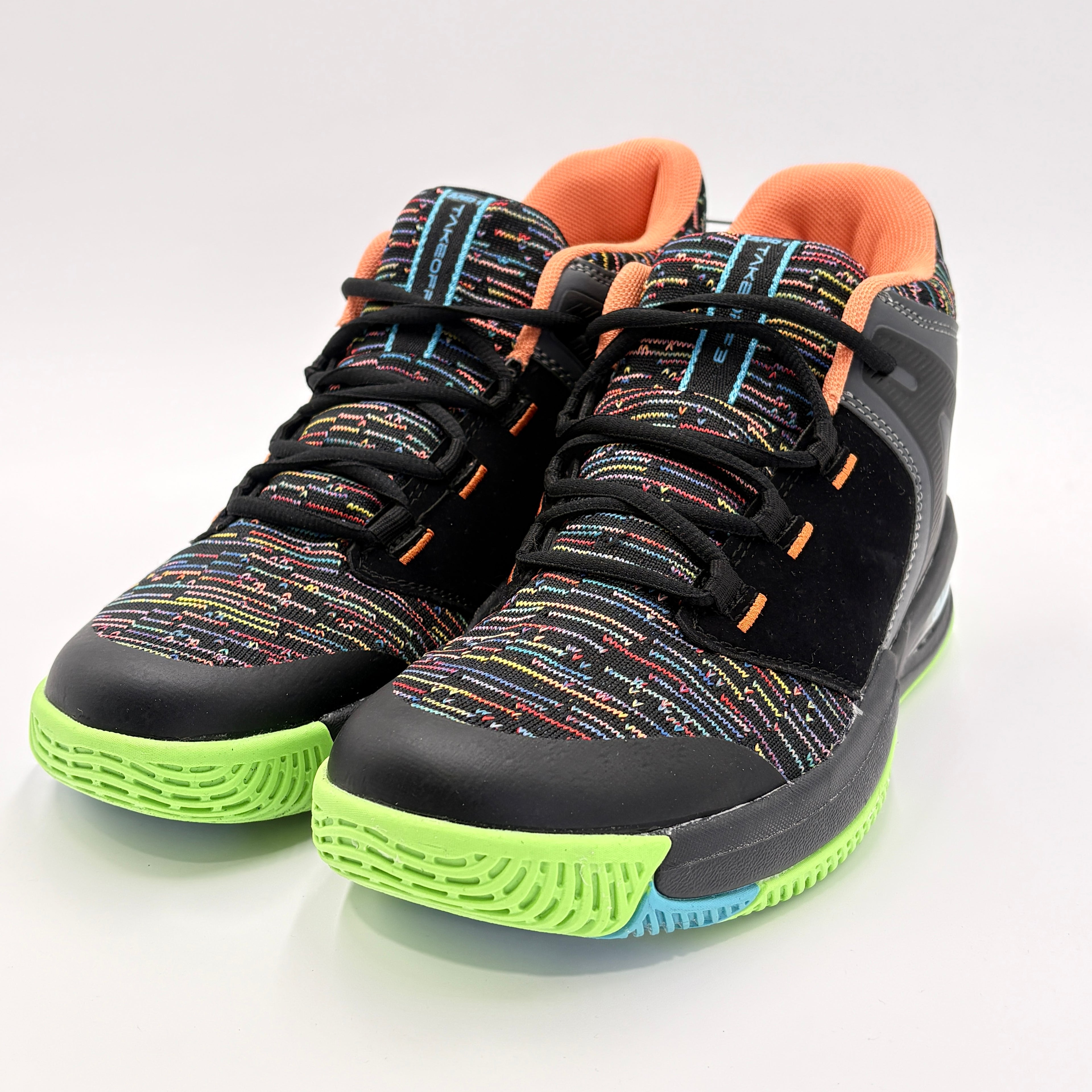 AND1 Takeoff 3.0 basketball shoes with multicolor patterned upper and neon green sole