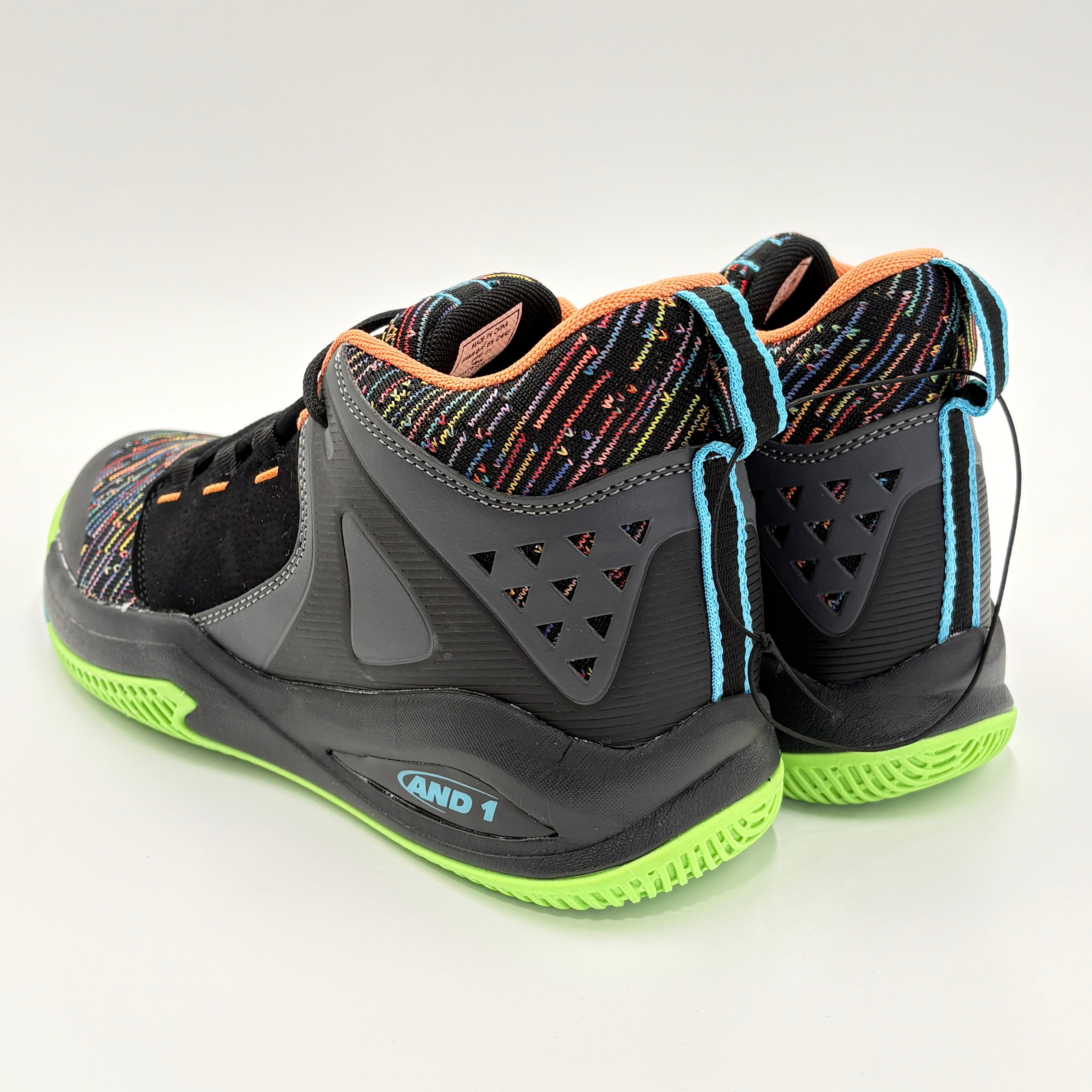 Black and neon green And1 Takeoff 3.0 basketball shoes with multicolor detailing and cushioned soles