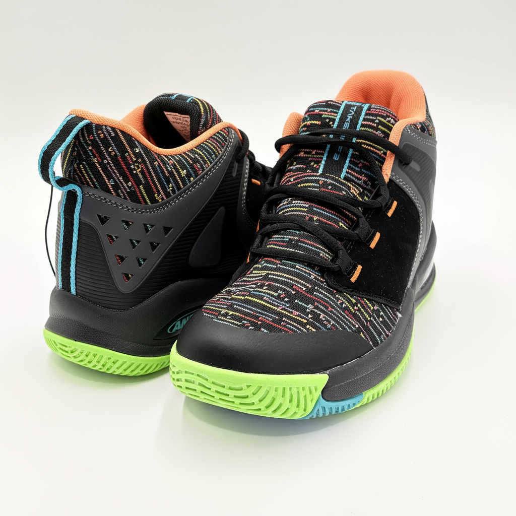 AND1 Takeoff 3.0 basketball shoes in black with multicolor patterns and neon green soles