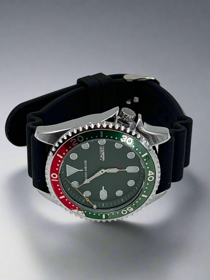 Ben Nevis green red watch with black strap and silver bezel by DOLLARS UNIVERSE LLC