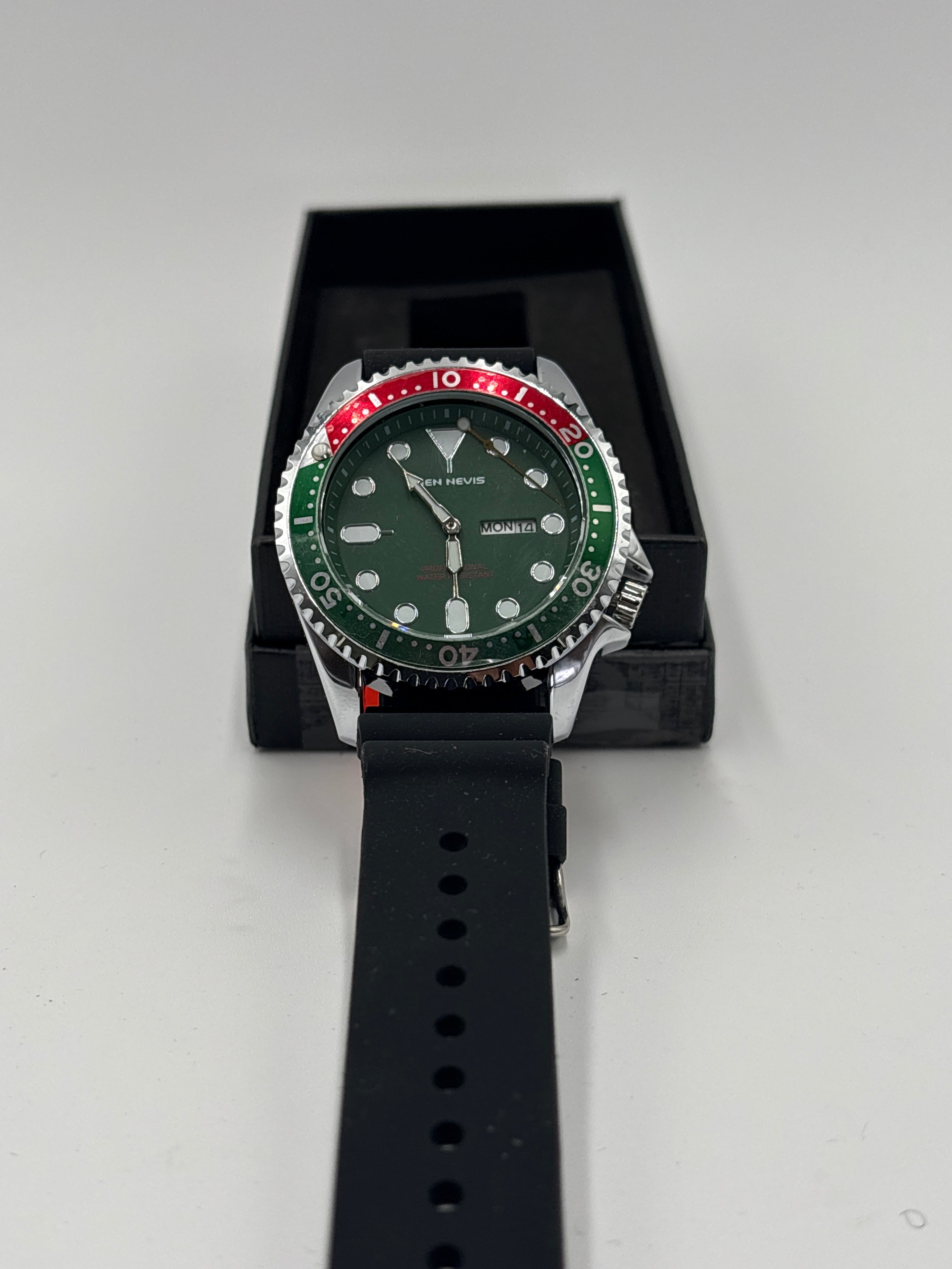 Ben Nevis green red watch with black strap and stainless steel case displayed in black box